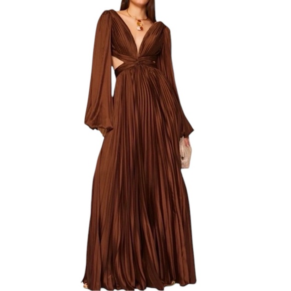 Ieena forMac Duggal Long Sleeve Pleated Cut Out Satin V-Neck Gown - Picture 2 of 5